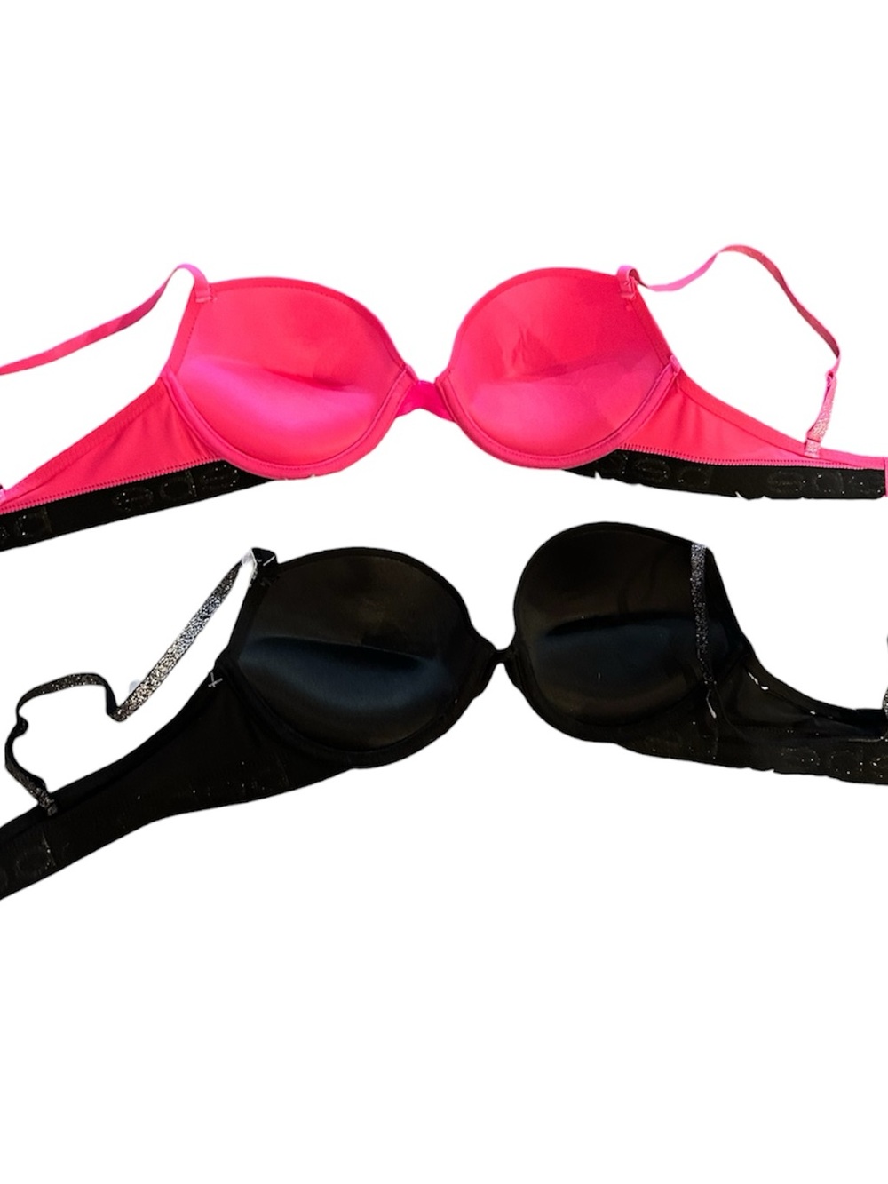 bebe Hot Pink Push-Up Bra with Glitter Straps and black